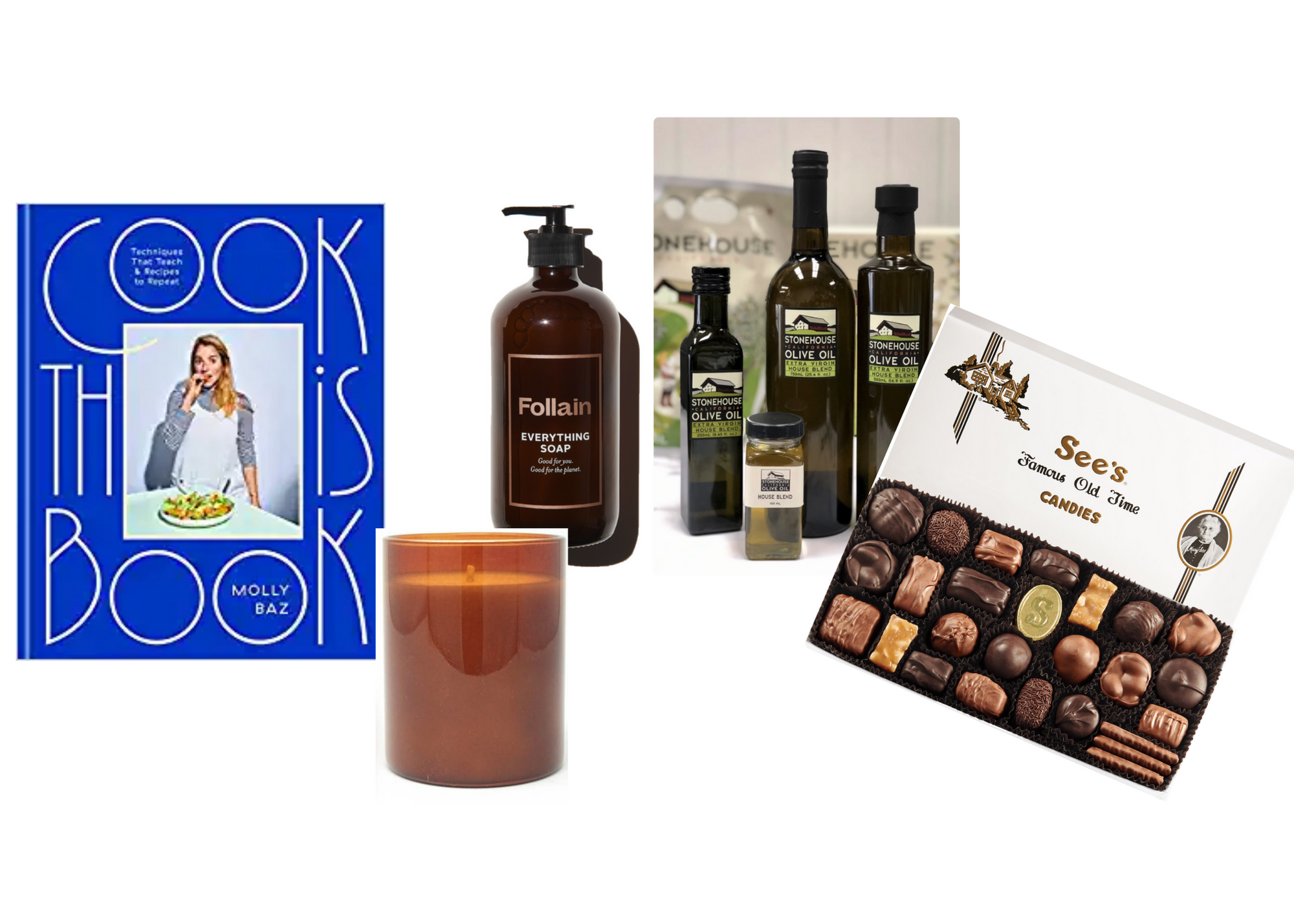 a series of housewarming gifts including a cook book, candle, soap, olive oil and chocolates